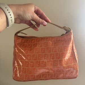 Peach color patent leather monogram fendi bag